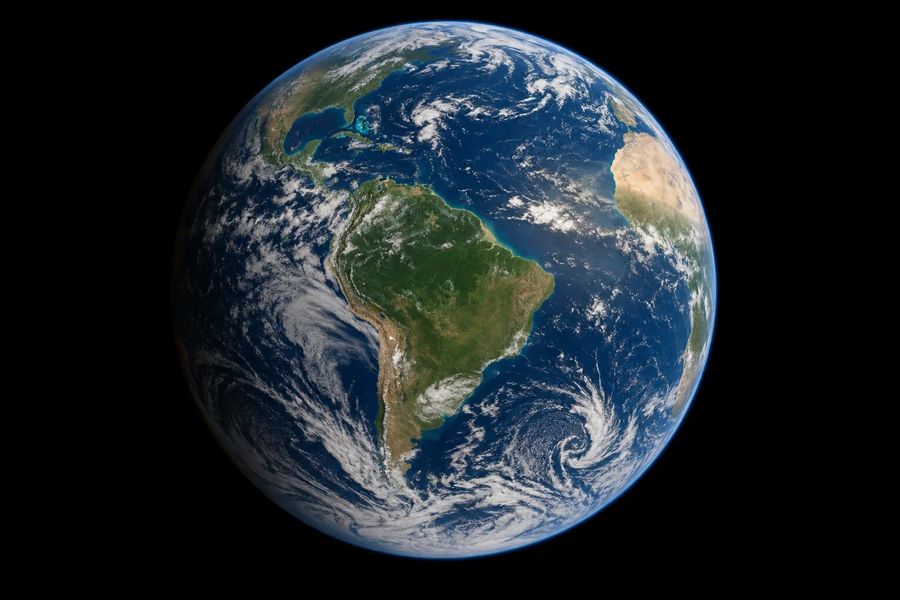 Planeta Terra visto do espaço, com as Américas e o Atlântico iluminados.